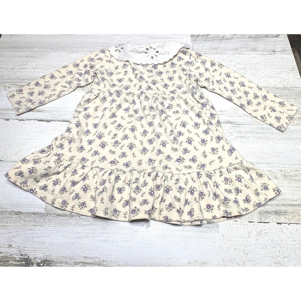 Zara Floral Dress Kids 3-4Y Cream Peter Pan Eyelet Collar Long Sleeve Ruffle